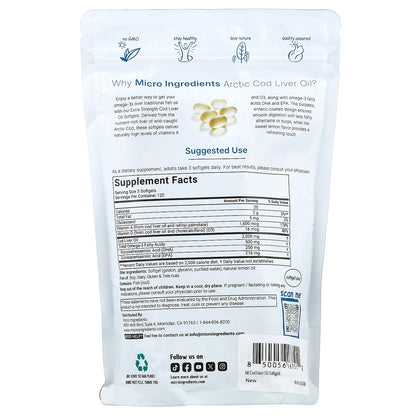 Micro Ingredients, Arctic Cod Liver Oil, Lemon, 360 Softgels (666 mg per Softgel)