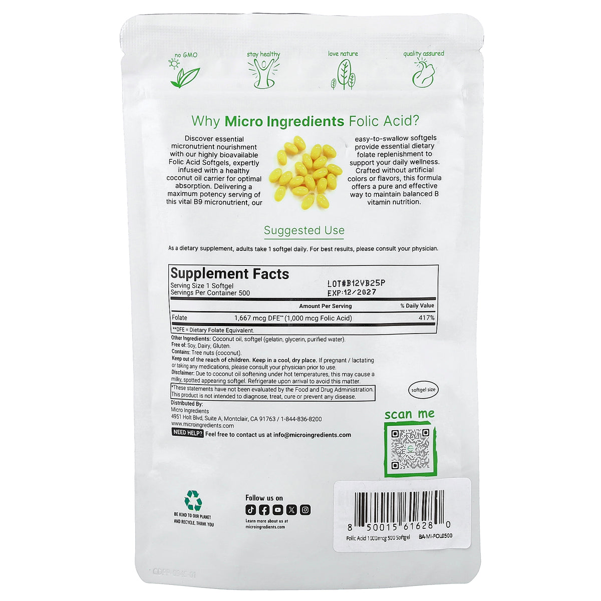 Micro Ingredients, Folic Acid, 1,000 mcg, 500 Softgels