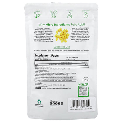 Micro Ingredients, Folic Acid, 1,000 mcg, 500 Softgels
