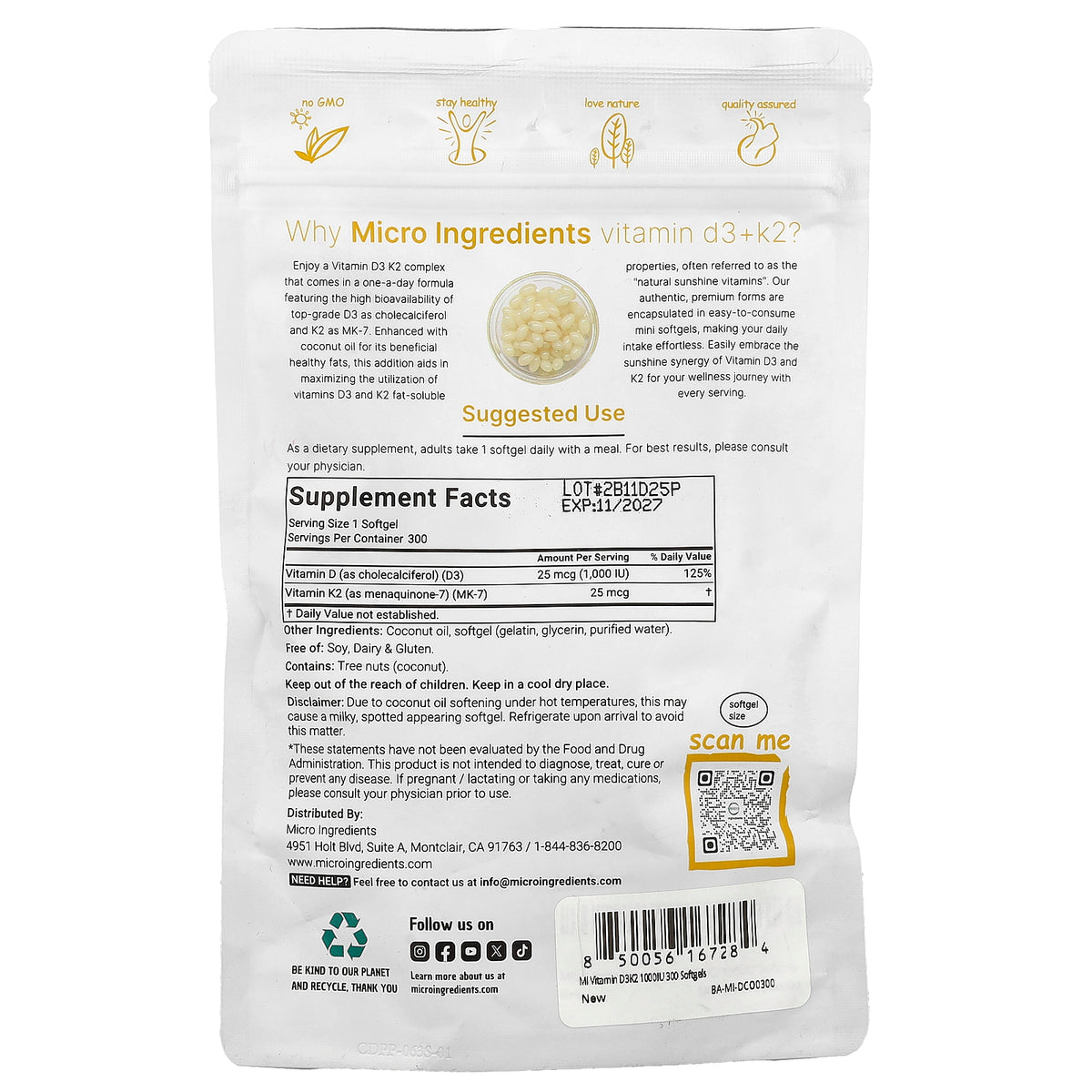 Micro Ingredients, Vitamin D3 + K2, 300 Softgels