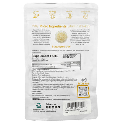 Micro Ingredients, Vitamin D3 + K2, 300 Softgels