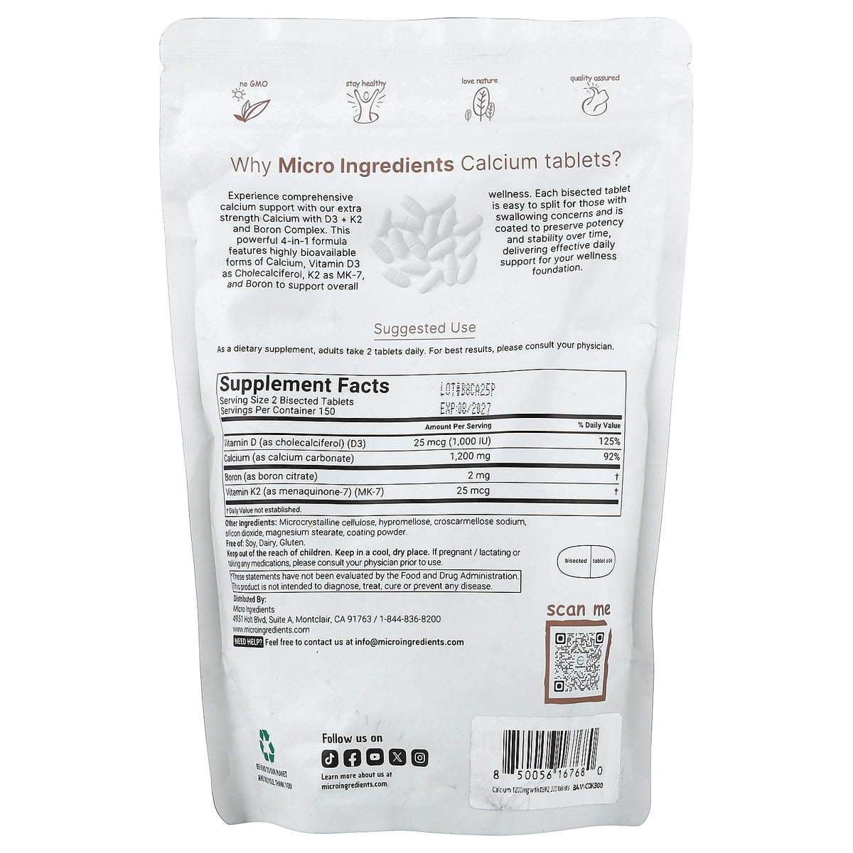 Micro Ingredients, Calcium with Vitamin D3 + K2 & Boron, 300 Bisected Tablets