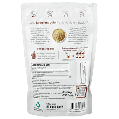 Micro Ingredients, Organic Lion's Mane Powder, 1 lb (454 g)