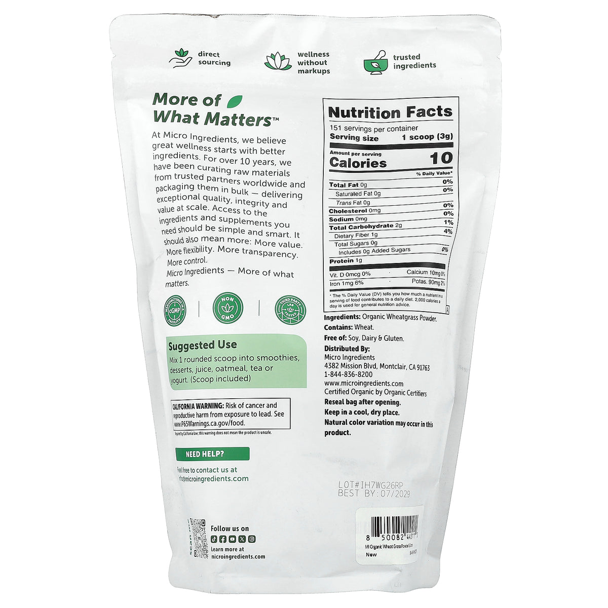 Micro Ingredients, Organic Wheat Grass Powder, 16 oz (454 g)