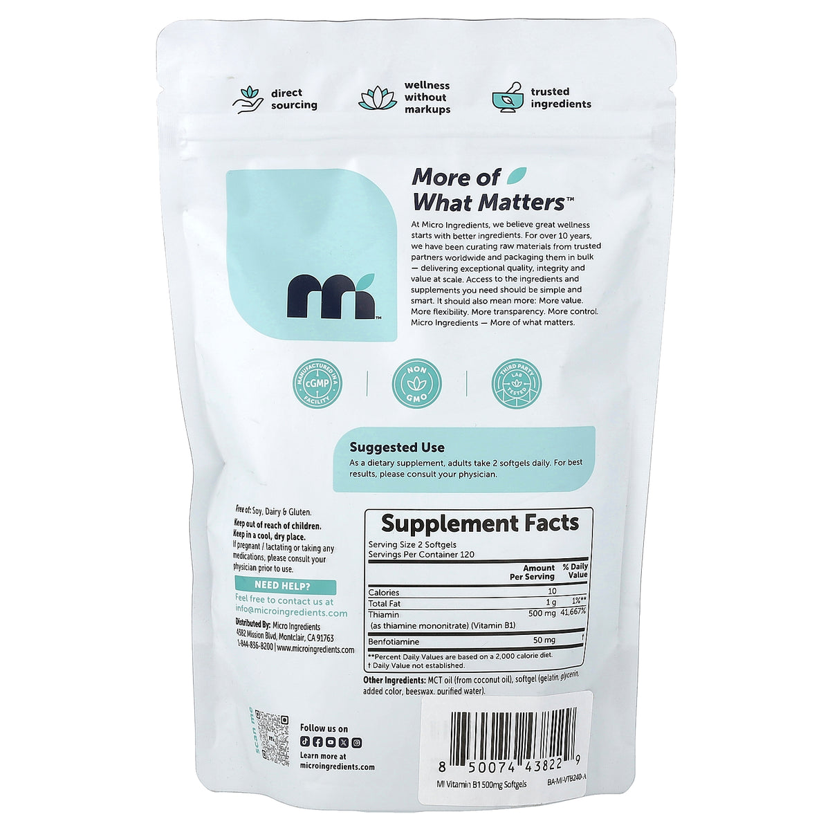Micro Ingredients, Vitamin B1 with Benfotiamine, 240 Softgels
