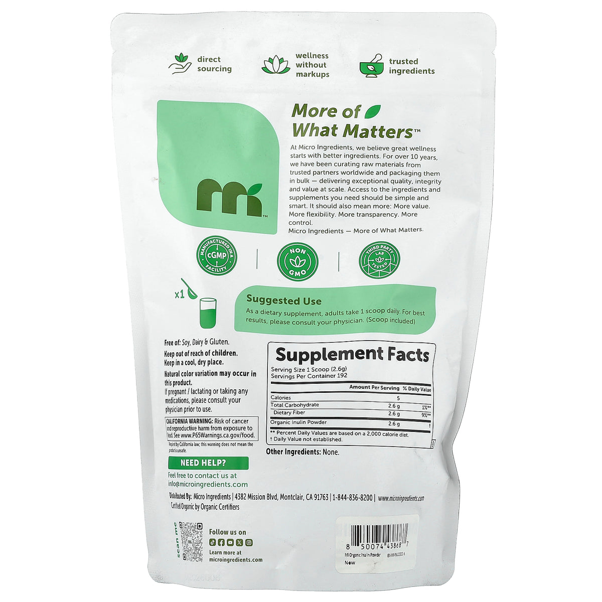 Micro Ingredients, Organic Inulin Powder, Unflavored, 1.1 lb (500 g)