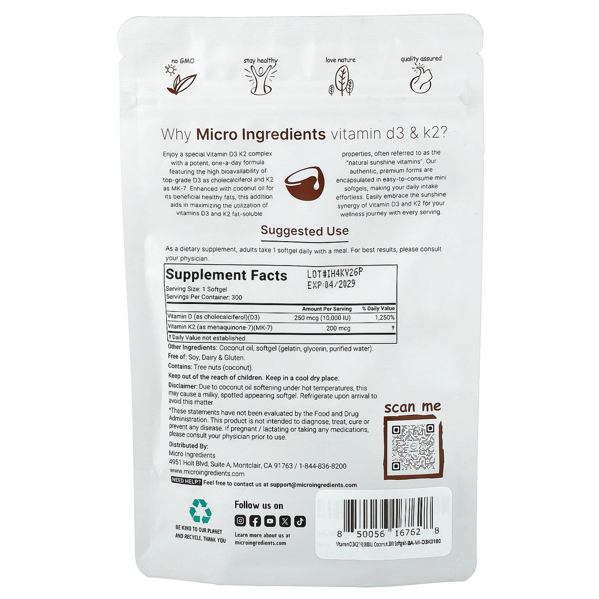 Micro Ingredients, Vitamin D3 & K2, 300 Softgels