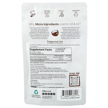 Micro Ingredients, Vitamin D3 & K2, 300 Softgels