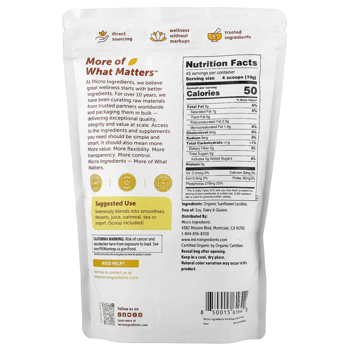 Micro Ingredients, Organic Sunflower Lecithin Powder, 1 lb (454 g)