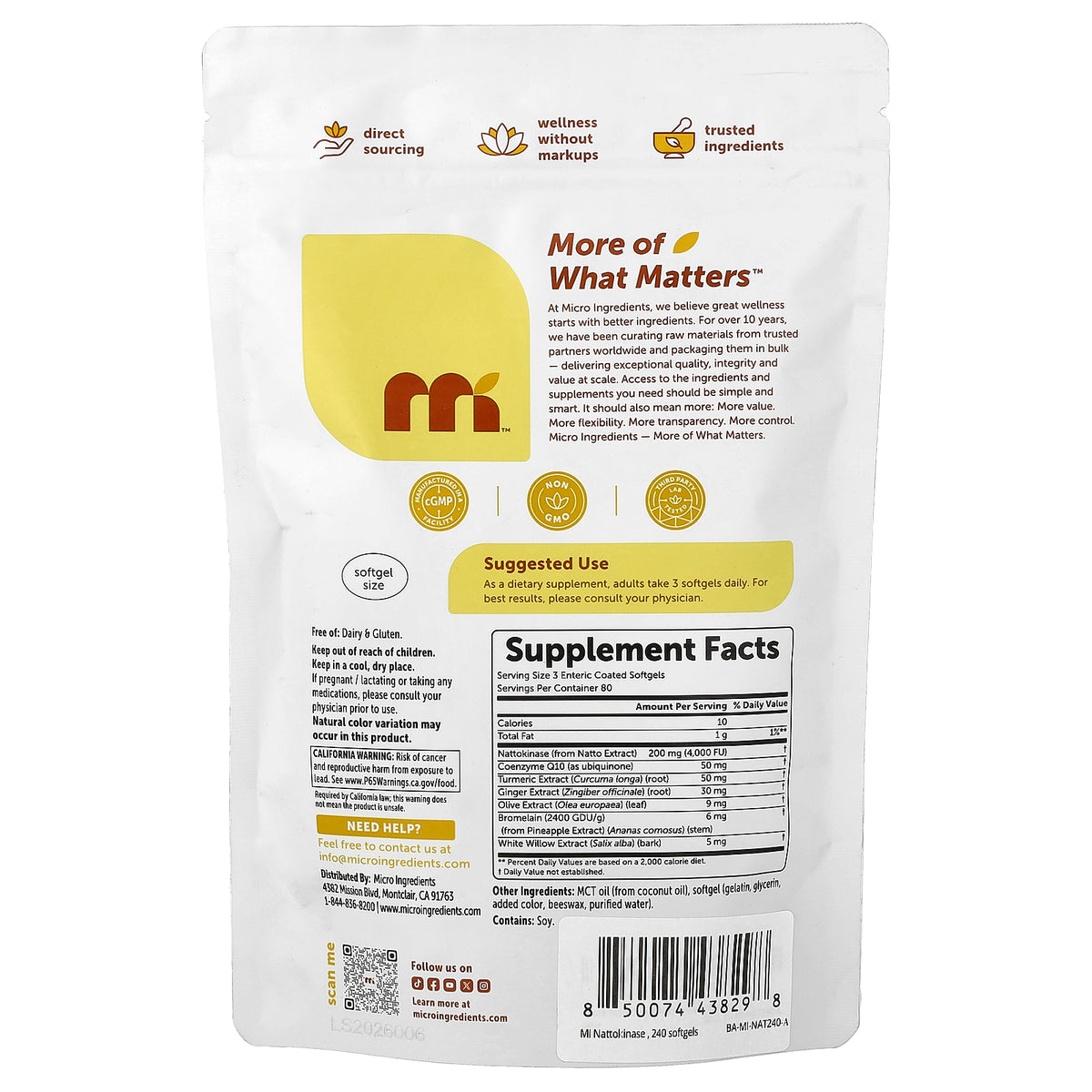 Micro Ingredients, Nattokinase, 240 Enteric Coated Softgels