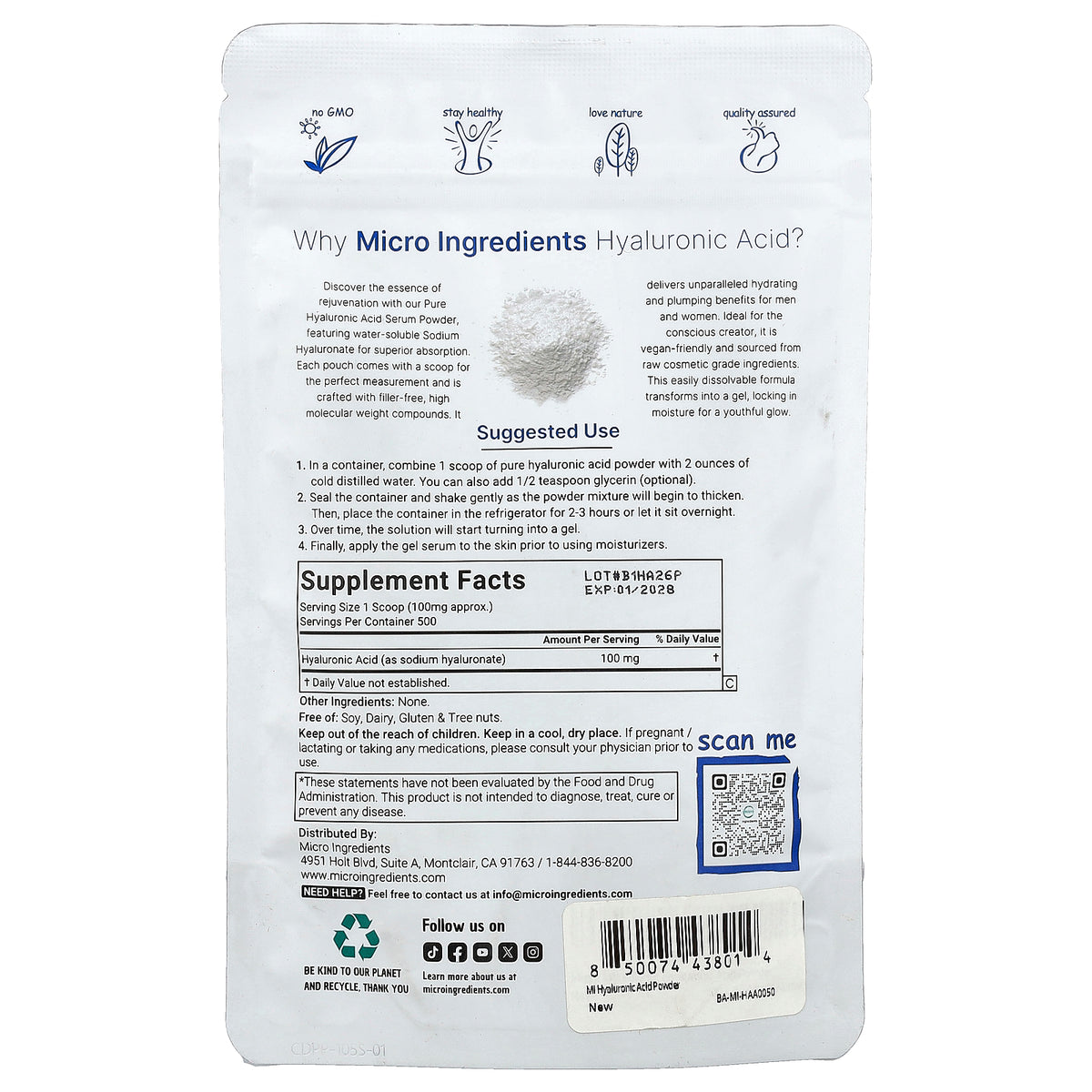 Micro Ingredients, Hyaluronic Acid Powder, 1.76 oz (50 g)
