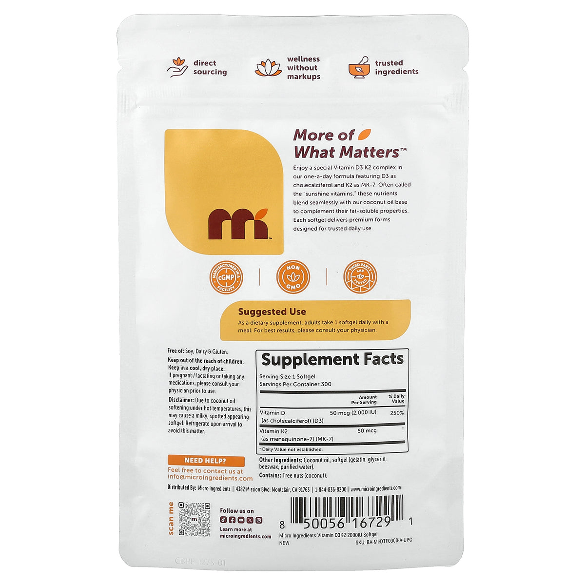 Micro Ingredients, Vitamin D3 + K2, 300 Softgels