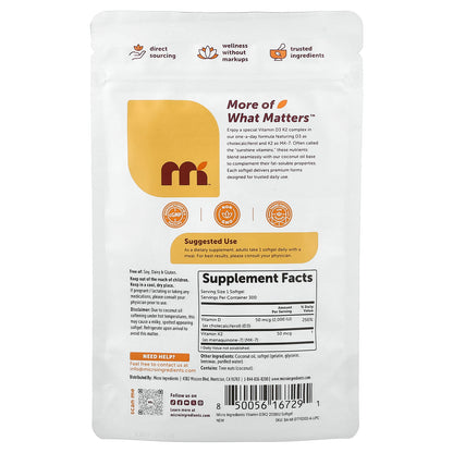Micro Ingredients, Vitamin D3 + K2, 300 Softgels