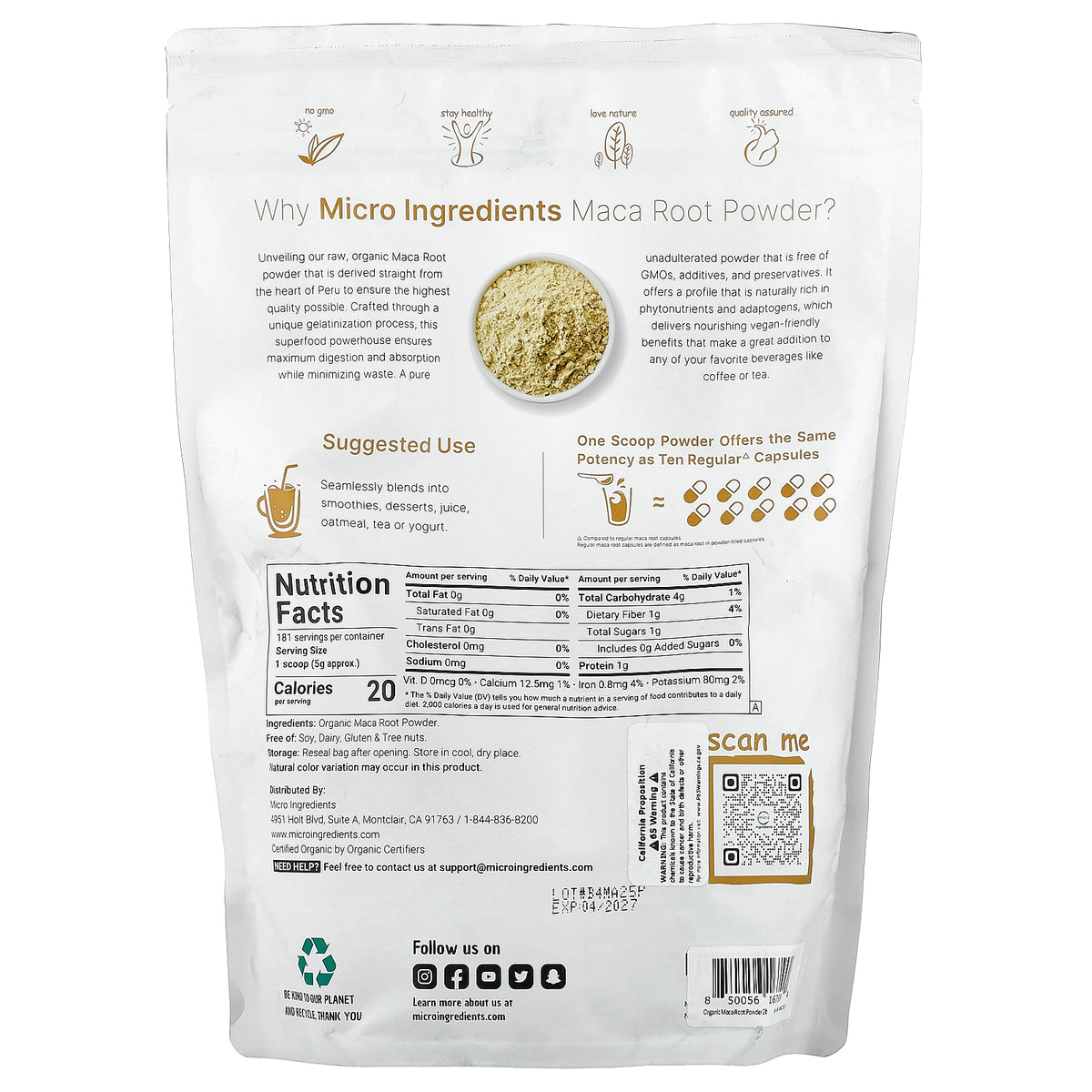 Micro Ingredients, Organic Maca Root Powder, 2 lb (907 g)