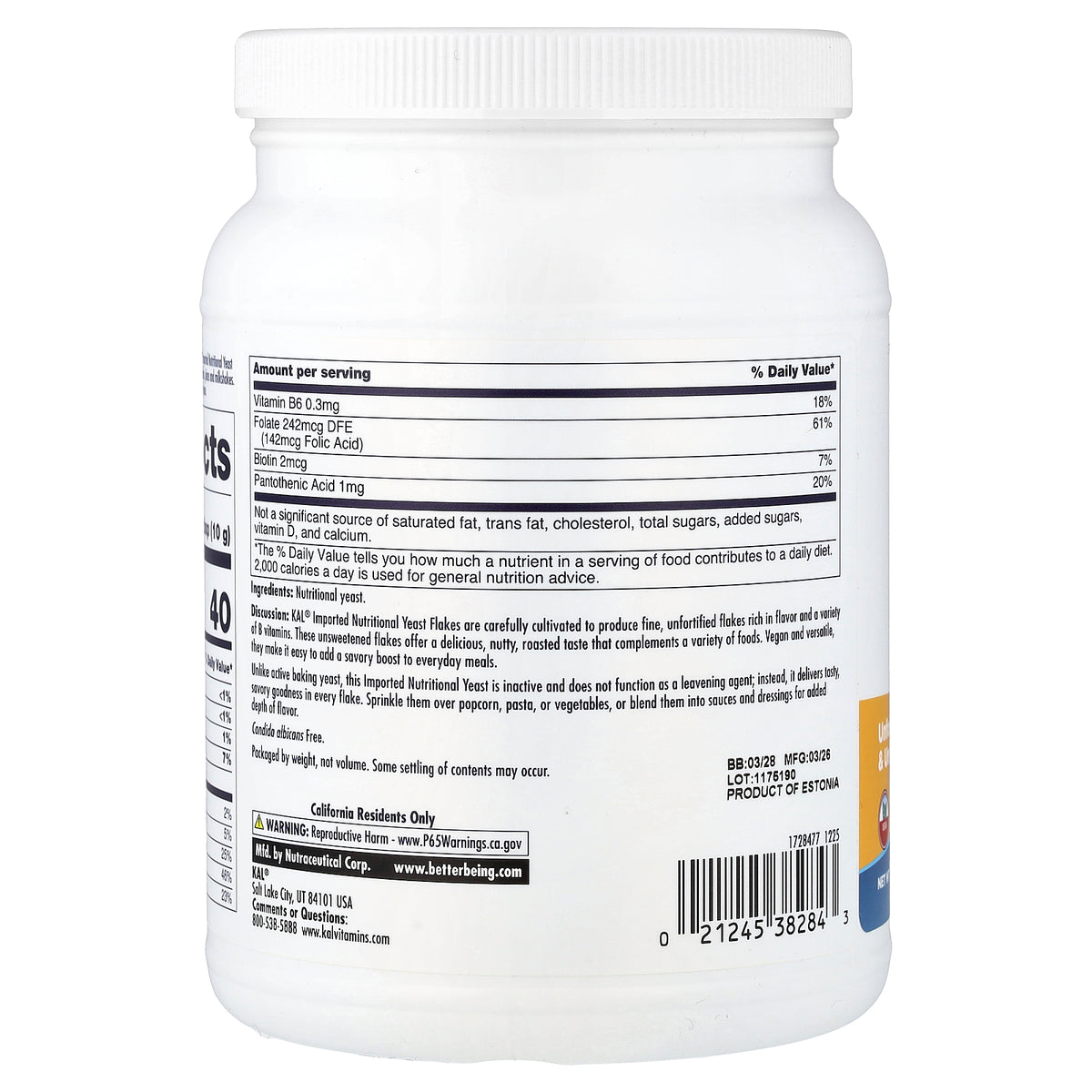 KAL, Imported Nutritional Yeast Flakes, Unsweetened, 7.8 oz (220 g)