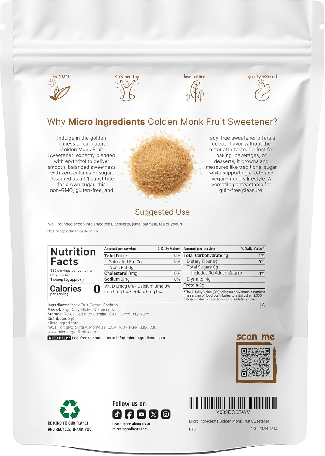 Micro Ingredients, Golden Monk Fruit Sweetener with Erythritol, 4 Pounds