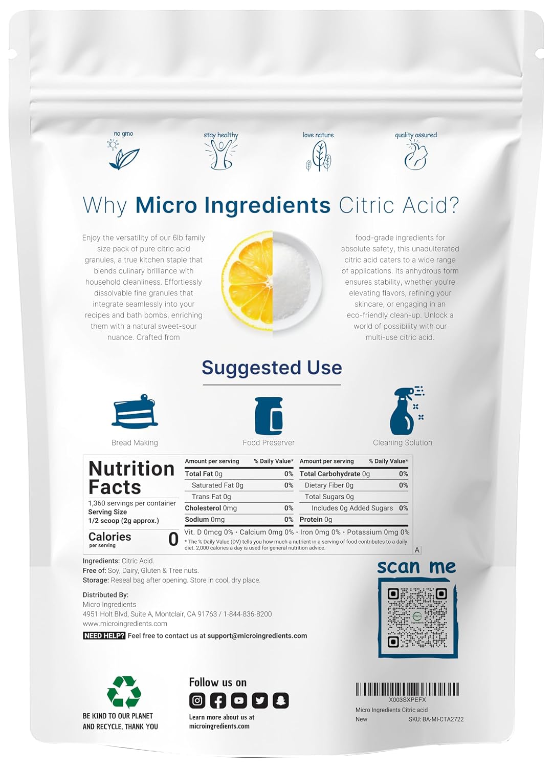 Micro Ingredients, Citric Acid, 6 lbs