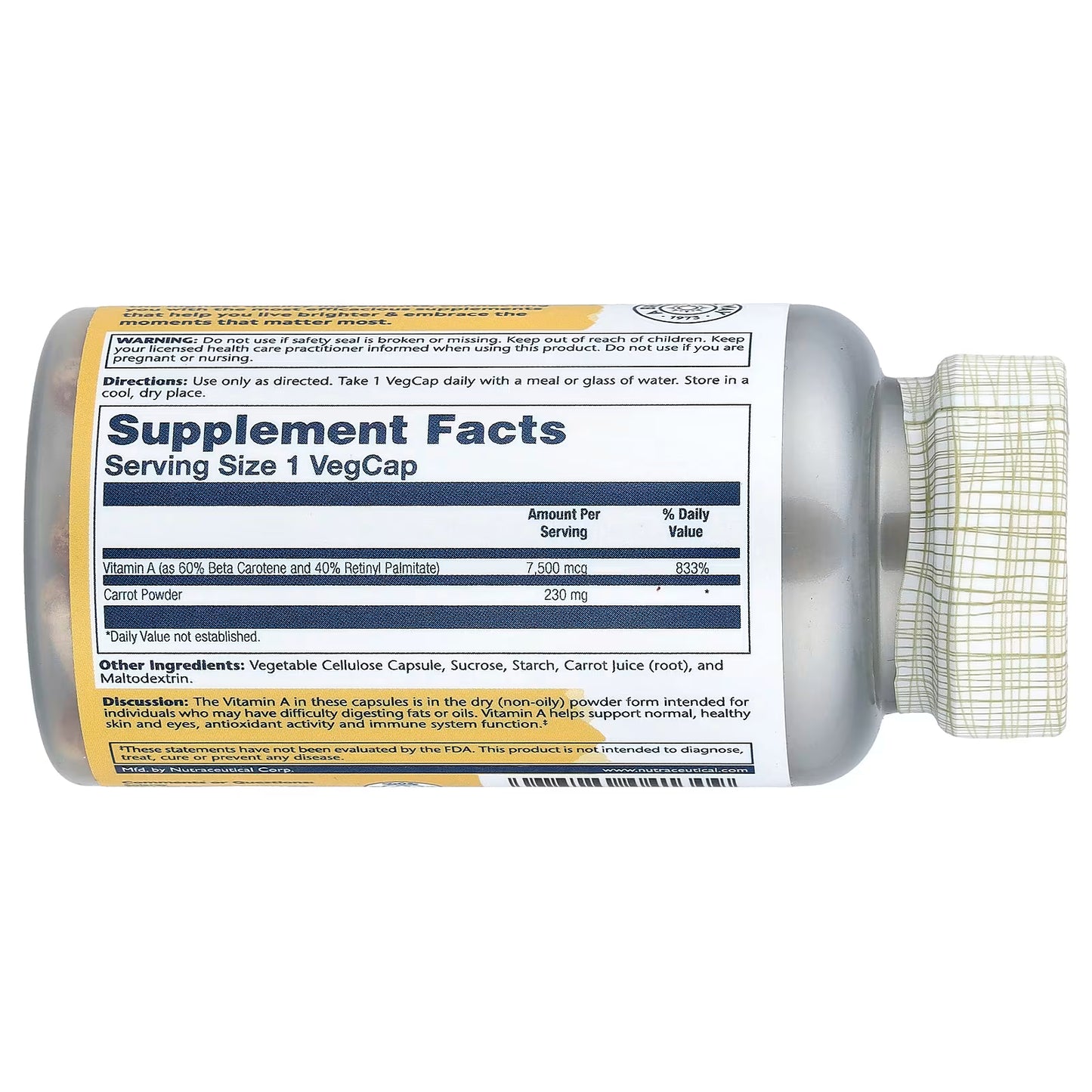 Solaray, Dry Form Vitamin A, 7,500 mcg, 60 VegCaps