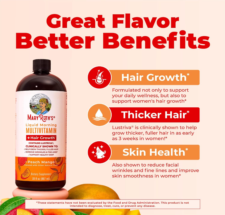 MARYRUTH'S Liquid Multivitamin + Hair Growth, Clinically Thicker Hair, 30oz