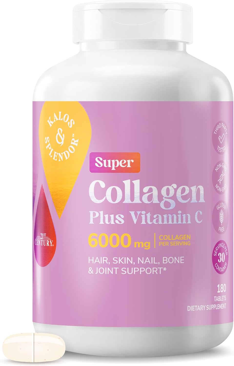 21st Century, Kalos & Splendor™, Super Collagen Plus Vitamin C, 180 Tablets