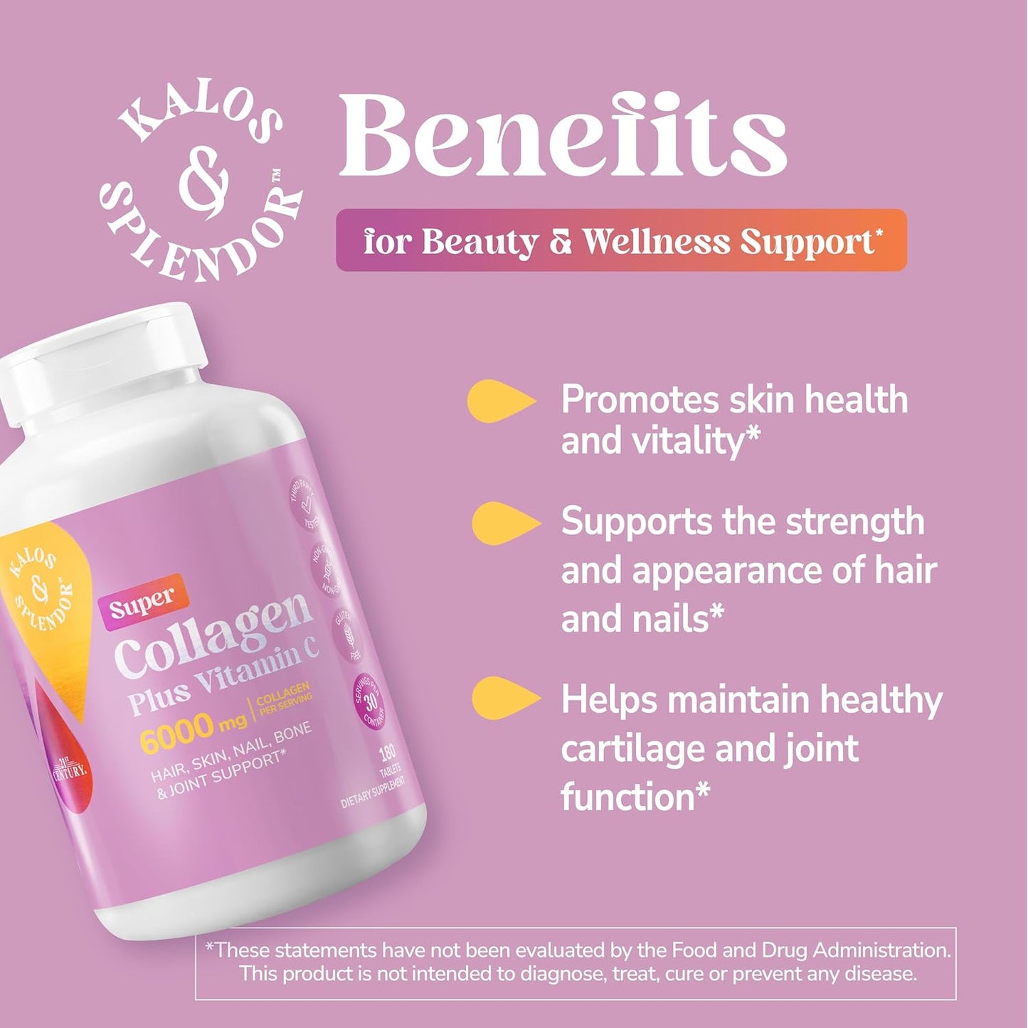 21st Century, Kalos & Splendor™, Super Collagen Plus Vitamin C, 180 Tablets